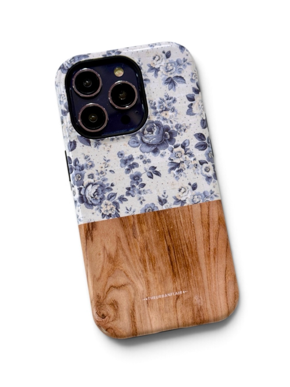 Navy Coquette Floral & Wood-Accent MagSafe iPhone 14 Pro Case (Satin Finish)